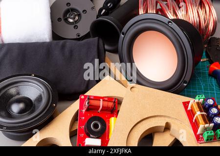 Componenti Hi-Fi per altoparlanti audio fai da te, strumenti e materiali sul banco di lavoro, vista dall'alto. audio e musica di sottofondo per audiofili Foto Stock