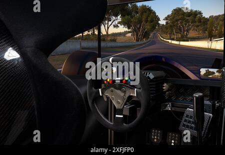 Simulatore fai da te in fibra di carbonio in alluminio simracing di fascia alta per simulazioni di gioco. Pedali di selezione al volante e TRIP per il sedile della benna dell'auto Black CFK Foto Stock