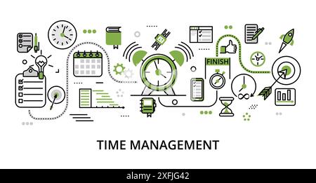 Infografica del concetto di gestione del tempo verde, illustrazione vettoriale di design moderno e piatto e sottile, per la grafica e il web design Illustrazione Vettoriale