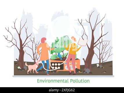 Concetto di inquinamento ambientale, illustrazione vettoriale a linee piatte Illustrazione Vettoriale