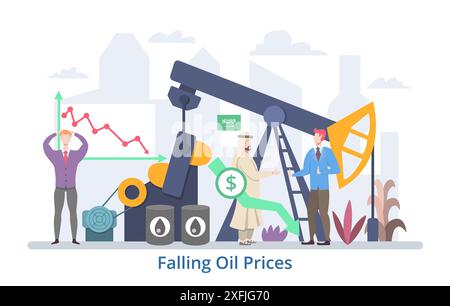 Concetto di riduzione dei prezzi del petrolio, illustrazione vettoriale di design piatto Illustrazione Vettoriale