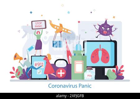 Coronavirus Panic Concept, illustrazione vettoriale dal design piatto moderno Illustrazione Vettoriale
