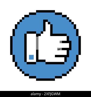 Simbolo dell'emoticon blu Thumb Up, illustrazione vettoriale grafica pixel art Illustrazione Vettoriale