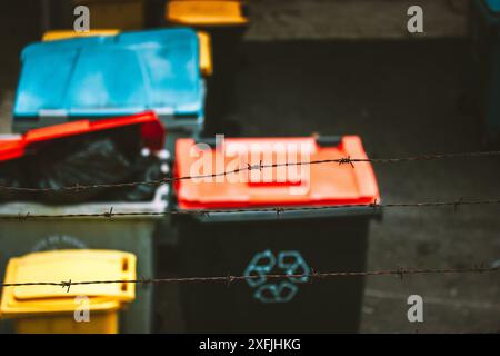 Cassonetti colorati e luminosi per la raccolta di rifiuti di vario genere in un cortile posteriore. Contenitori per rifiuti per la separazione di diversi tipi di materiali di scarto. Cestino. Foto Stock