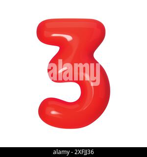 3D rosso numero 3 isolato su sfondo bianco. Illustrazione vettoriale tridimensionale cifra tre per festività compleanni e sconti. Luminoso e. Illustrazione Vettoriale