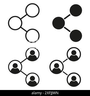 Set di icone Condividi. Simboli vettoriali neri. Progettazione di connessioni sociali. Semplice illustrazione di rete. Illustrazione Vettoriale