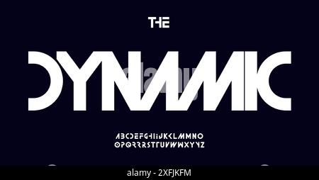 Design dinamico e futuristico dei font tipografici. Lettere eleganti e moderne dallo stile minimal con aperture per loghi tecnologici, poster EDM, temi cyberpunk, sport da corsa Illustrazione Vettoriale