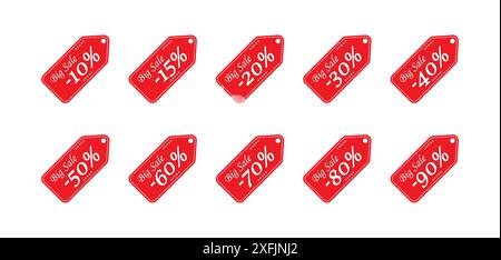 Set di icone etichetta di vendita. Raccolta etichetta prezzo rosso con percentuale di vendita. Illustrazione vettoriale piatta. Illustrazione Vettoriale