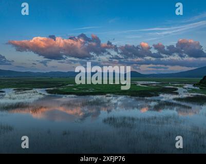 Alba magica in un lago di Cerknica Foto Stock