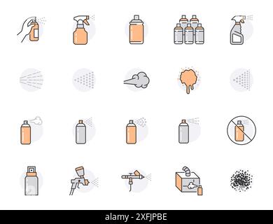 Set icone linea piatta bomboletta spray. Mano con aerosol, aerografo, verniciatura a polvere, graffiti, illustrazioni vettoriali effetto tosse. Segni sottili per Illustrazione Vettoriale