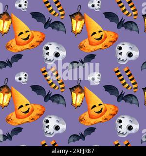 motivo di halloween, motivo di acquerello senza cuciture con pipistrello, cappello divertente, cranio, disegno disegnato a mano su sfondo bianco Foto Stock