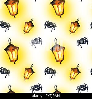 acquerello motivo senza cuciture del tema Halloween con vecchia torcia, simpatico ragno divertente, illustrazione a fumetto disegnata a mano dell'evento di ottobre su sfondo bianco Foto Stock