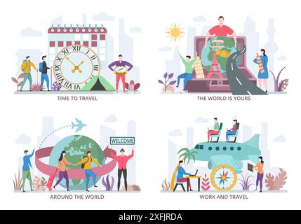 Set di concetti viaggio e viaggio, moderna illustrazione vettoriale a design piatto, per la progettazione grafica e Web Illustrazione Vettoriale