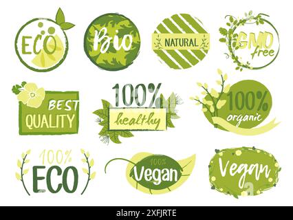 Impostare gli adesivi Eco e Bio, l'illustrazione vettoriale per la grafica e il web design Illustrazione Vettoriale