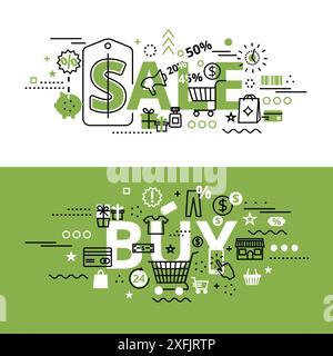 Set di concetti di vendita e acquisto, moderna illustrazione vettoriale di design di linea piatta modificabile, per la progettazione grafica e Web Illustrazione Vettoriale