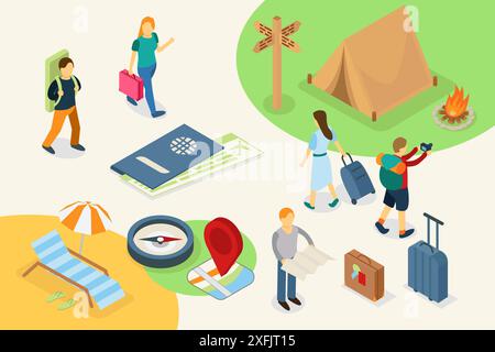 Concetto di viaggio e viaggio, design isometrico 3d, illustrazione vettoriale, per progettazione grafica e web Illustrazione Vettoriale