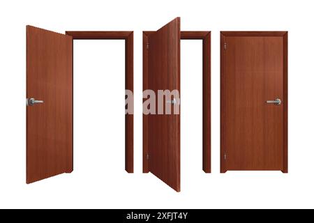 Set di porte in legno marrone su sfondo bianco, realistica illustrazione vettoriale in primo piano Illustrazione Vettoriale