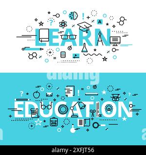 Set di concetti didattici e di apprendimento, moderna illustrazione vettoriale di design piatto e sottile, per grafica e web design Illustrazione Vettoriale