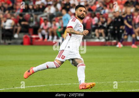 Toronto, Canada. 3 luglio 2024. Lorenzo Insigne n. 24 del Toronto FC visto in azione durante la partita MLS tra Toronto FC e Orlando City SC al BMO Field di Toronto. La partita terminò nel 1-2 per l'Orlando City SC. Credito: SOPA Images Limited/Alamy Live News Foto Stock