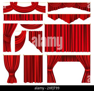 Set di tende e tendaggi rossi di lusso su sfondo bianco, realistica illustrazione vettoriale in primo piano Illustrazione Vettoriale