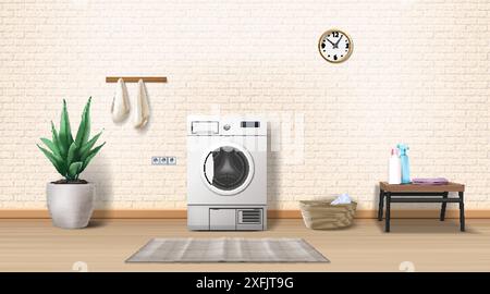 Interno della lavanderia con lavatrice, realistica illustrazione vettoriale in primo piano Illustrazione Vettoriale