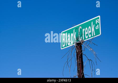 Cartello stradale con vigne morte contro un cielo blu Foto Stock