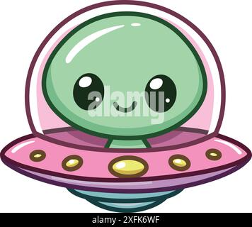 Alieno sorridente sulla parte anteriore di un'astronave UFO in stile kawaii Illustrazione Vettoriale