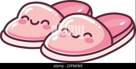 Un paio di pantofole rosa felici in stile kawaii Illustrazione Vettoriale