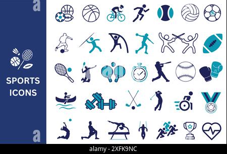 Set di icone sportive. Running, basket, football, trofeo, competizione, medaglia, palestra, icona della barca a pallavolo. Illustrazione vettoriale. Illustrazione Vettoriale