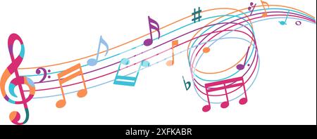 Spartito musicale a colori con simboli di note musicali, illustrazione vettoriale dal design piatto Illustrazione Vettoriale