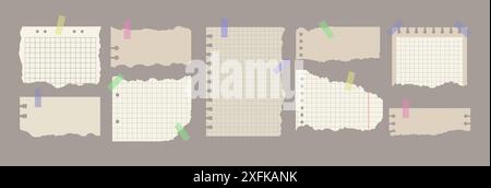 Set di vari fogli per notebook strappati. Note di carta strappata beige morbide, adesivi, fogli adesivi e nastro adesivo. Illustrazione vettoriale in stile piatto. Alla moda Illustrazione Vettoriale