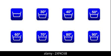 Segnali di lavaggio. Icone della temperatura di lavaggio impostate. Illustrazione vettoriale piatta. Illustrazione Vettoriale