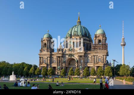 Cattedrale di Berlino (Berliner Dom) e torre della televisione. Parrocchia Suprema evangelica e Chiesa Collegiata nella città di Berlino, Germania. Foto Stock