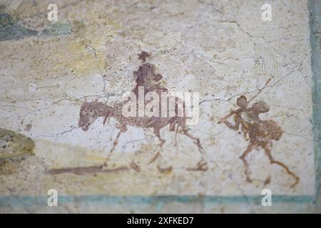 Affresco romano, dettaglio con scena bucolica di pitture murali da Villa della Farnesina, Roma. Primo periodo imperiale Foto Stock