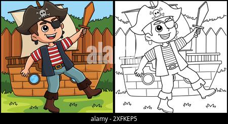 Illustrazione colorata della pagina dei colori di Pirate Boy Illustrazione Vettoriale