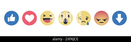 4 dicembre 2018: Serie di reazioni Emoji empatiche su Facebook. Stile di design piatto. Reazioni sui social media. Isolato. Illustrazione vettoriale Illustrazione Vettoriale