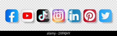 6 ottobre 2020: Set di icone popolari di Social Media e Mobile Apps in paper cut design: Facebook, Twitter, Pinterest, Instagram, TikTok, LinkedIn e. Illustrazione Vettoriale