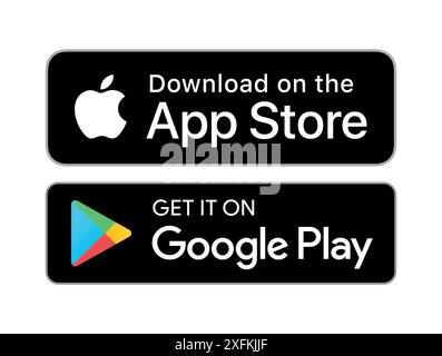 6 ottobre 2020: Scarica dall'App Store e scaricalo sulle icone dei pulsanti Google Play, illustrazione vettoriale Illustrazione Vettoriale