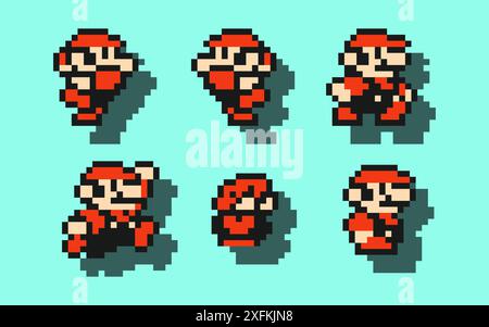 8 dicembre 2020: Set of Mario Moves, arte del videogioco classico di Super Mario Bros 3, illustrazione vettoriale di pixel design. Super Mario Bros 3 è un platform Illustrazione Vettoriale