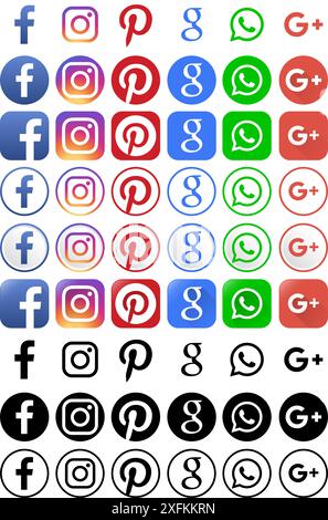 Kiev, Ucraina - 10 marzo 2021: Social media popolari e altre icone in diverse forme, come: Facebook, Instagram, Pinterest, Google, WhatsApp, vai Illustrazione Vettoriale