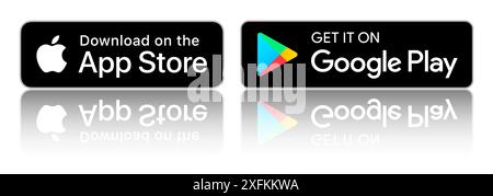 Kiev, Ucraina - 11 marzo 2021: Download nero sull'App Store e scaricalo su Google Play icone dei pulsanti con riflesso, volume design realistico ve Illustrazione Vettoriale