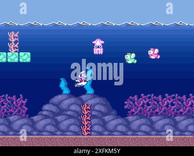 Kiev, Ucraina - 09 settembre 2021: Mario Underwater in Art of 16-bit Super Mario Bros classico videogioco, disegno pixel vettoriale illustrazione. Super Mar Illustrazione Vettoriale