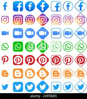 Kiev, Ucraina - 11 marzo 2021: Icone popolari dei social media in diverse forme, come: Facebook, Instagram, Zoom, WhatsApp, Pinterest, Blogger, Twitt Illustrazione Vettoriale