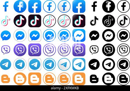 Kiev, Ucraina - 15 marzo 2021: Icone popolari dei social media in diverse forme, come: Facebook, TikTok, Messenger, Viber, telegramma e Blogger. VEC Illustrazione Vettoriale
