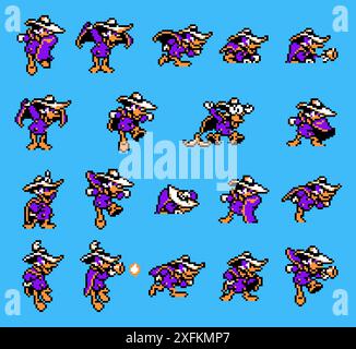 Kiev, Ucraina - 06 dicembre 2021: Set di mosse di Darkwing Duck, arte del gioco classico di Darkwing Duck, illustrazione vettoriale di pixel design. Darkwing Duc Illustrazione Vettoriale