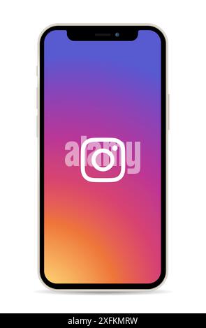 Kiev, Ucraina - 11 marzo 2021: Smartphone Apple iPhone 12 con logo dell'app Instagram sullo schermo, illustrazione vettoriale realistica Illustrazione Vettoriale