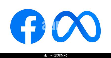 Kiev, Ucraina - 09 dicembre 2021: Logo meta e Facebook, illustrazione vettoriale. Il gigante dei social media Facebook sta rebranding come Meta, CEO Mark Zuckerber Illustrazione Vettoriale