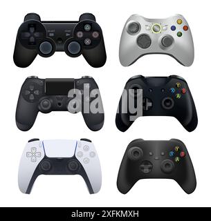 Kiev, Ucraina - 8 novembre 2021: Set di gamepad per console Play e videogiochi per PC, come Sony PlayStation 5, Microsoft Xbox Series X e oth Illustrazione Vettoriale