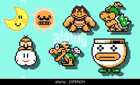 Kiev, Ucraina - 30 maggio 2022: Set di personaggi Boss Enemies dal classico videogioco Super Mario Bros 3, disegno pixel vettoriale illustrazione. Super Mario Illustrazione Vettoriale