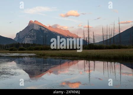 Mount Rundle al tramonto, visto da Laghi Vermillion nel Parco Nazionale di Banff, Alberta, Canada Agosto Foto Stock